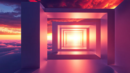 3D corridor with bold geometric shapes, leading to an expansive sky with vibrant sunset hues and soft clouds, blending modern design with natural beauty.の素材
