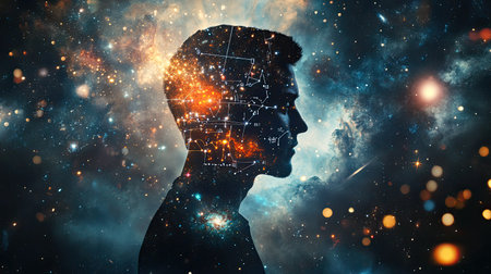 A cosmic silhouette of a man, filled with galaxies and physics equations, exploring the concept of the universe within and the unity of science and philosophy. Elements furnished by NASAの素材