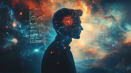 A manaes silhouette intertwined with cosmic wonders and mathematical equations, representing the philosophical and scientific universe within. Elements furnished by NASAの素材