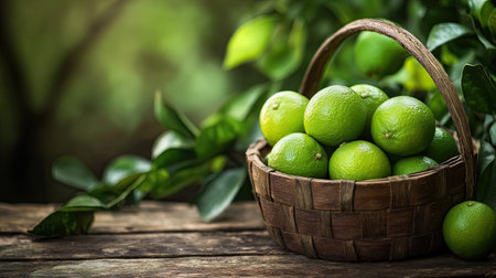 A rustic wooden basket full of limes on a wooden table, set against a backdrop of green foliage.の素材