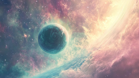 A peaceful space scene with a planet reflecting light from a distant star, surrounded by a gentle, pastel-colored nebulaの素材
