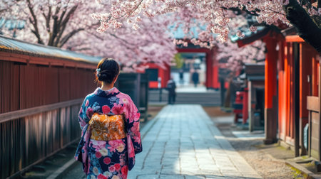 A Japanese woman in a colorful kimono strolls by the blooming sakura trees at Rokusonno Shrine, Kyoto, embracing the beauty of cherry blossom season.の素材