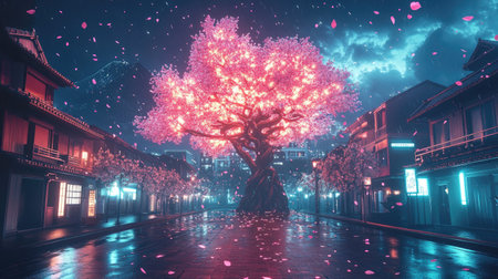 A surreal night scene in a Japanese city with neon lights, residential buildings, and a massive glowing sakura tree towering over the streets. 3D illustration.の素材