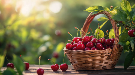 A wooden basket overflowing with ripe red cherries on a table, against a background of green foliage.の素材