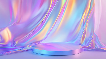 Abstract 3D background with a podium and holographic fabric, reflecting iridescent colors and soft waves.の素材