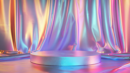 Abstract 3D podium with shimmering iridescent holographic fabric texture draped elegantly in the background.の素材