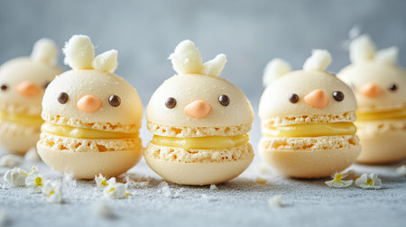 Adorable chick-shaped macarons for Easter, filled with creamy vanilla and lemon curd, set on a concrete surface with generous copy space.の素材