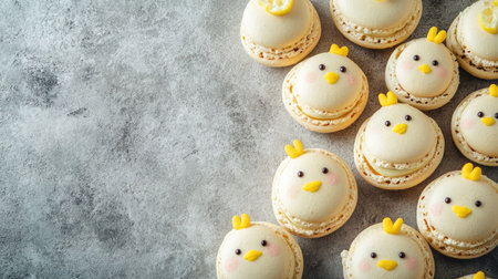 Adorable Easter chick macarons with vanilla and lemon filling, placed on a concrete background. Ample room for text or design in the copy space.の素材