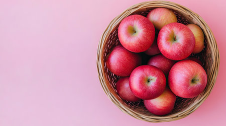 Apples in a bamboo basket on a soft pastel background, showcasing their extract's ability to reduce dark circles naturally.の素材
