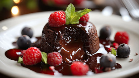 Close-up of chocolate fondant with a gooey center, surrounded by fresh berries and mint on a plate, creating a mouthwatering dessert scene.の素材