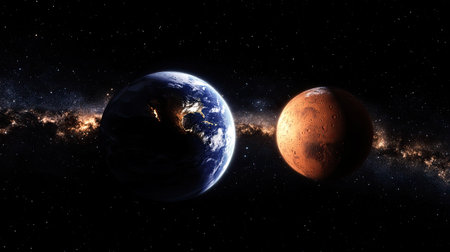 Beautiful planetary alignment of Earth and Mars, glowing in the blackness of space, showcasing the contrast between the two terrestrial worlds. Elements furnished by NASAの素材
