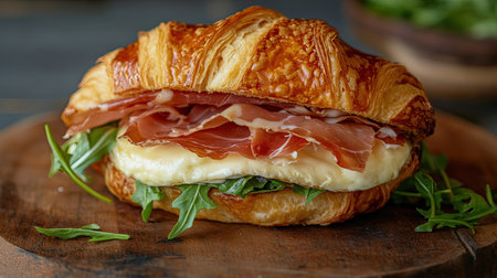 Close-up of a flaky croissant sandwich with melted camembert, thin slices of prosciutto, and fresh arugula, placed on a rustic wooden board.の素材