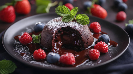 Close-up of chocolate fondant with a gooey center, surrounded by fresh berries and mint on a plate, creating a mouthwatering dessert scene.の素材