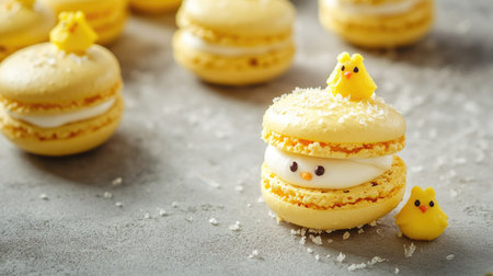 Cute chick macarons with bright yellow shells, filled with vanilla cream and lemon curd, placed on a concrete surface with open copy space.の素材