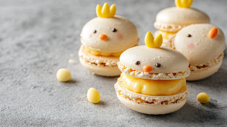 Cute Easter chick macarons filled with vanilla cream and lemon curd on a concrete background. Playful and festive food idea with ample copy space.の素材