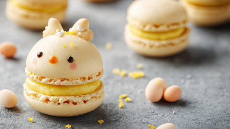 Cute Easter chick macarons filled with vanilla cream and lemon curd on a concrete background. Playful and festive food idea with ample copy space.の素材