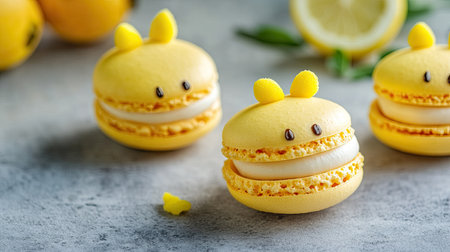 Cute chick macarons with bright yellow shells, filled with vanilla cream and lemon curd, placed on a concrete surface with open copy space.の素材