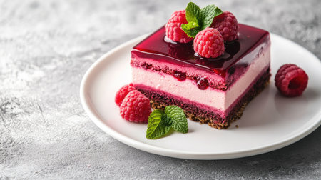 Delicious raspberry mousse cake with a jelly layer, adorned with fresh raspberries and mint leaves on a white plate, set against a textured gray concrete backdrop.の素材