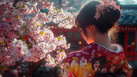 Dressed in a kimono, a young Japanese woman admires the sakura blossoms at Rokusonno Shrine in Kyoto, surrounded by the beauty of spring.の素材