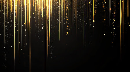 Elegant vertical gold lighting lines glowing against a deep black background, accented with sparkling effects. Perfect for luxury designs with copy space for text.の素材