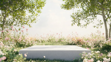 3D rendering of a simple beauty podium surrounded by a lush field of spring flowers, soft petals and green foliage creating a serene and natural backdrop.の素材