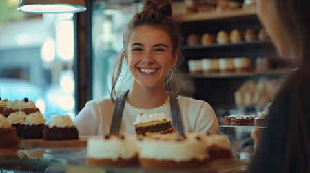 A cheerful young woman behind the counter of a cake shop, smiling warmly as she serves a slice of cake to a customer, surrounded by delicious treatsの素材