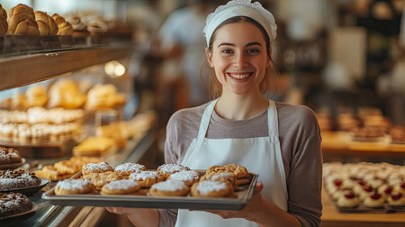 A cheerful female bakery worker holds a tray of freshly baked cookies, arranging them neatly in a display case, surrounded by other delicious sweets in a cozy bakery shopの素材