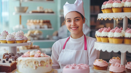 A cheerful young cake shop seller with a big smile stands behind the counter, surrounded by beautifully decorated cakes and pastries, ready to serve customersの素材