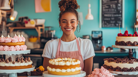 A cheerful young cake shop seller with a big smile stands behind the counter, surrounded by beautifully decorated cakes and pastries, ready to serve customersの素材