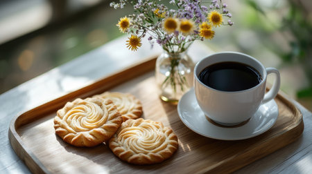 A charming coffee break scene with palmier cookies, a cup of black coffee, and a small vase of wildflowers, all arranged on a wooden tray with a soft, blurred backgroundの素材