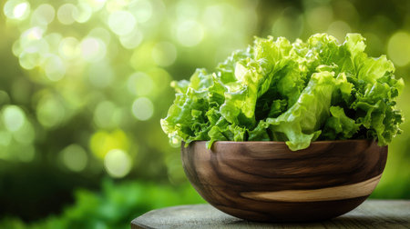 Crisp Romaine lettuce in a wooden bowl, beautifully displayed with a green bokeh background. The shot emphasizes freshness and the natural appeal of leafy greens.の素材
