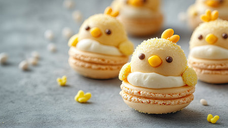 Close-up of adorable chick-shaped Easter macarons on a concrete surface, filled with vanilla cream and lemon curd. Fun and creative, with space for text.の素材