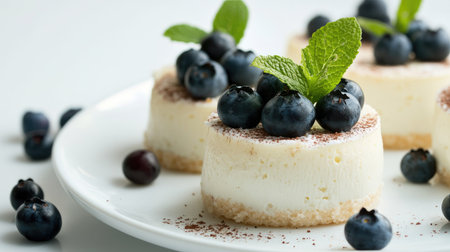 Close-up of bird's milk cake topped with blueberries and mint, served on a white plate, set against a white background. A delicate and refreshing dessert.の素材