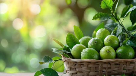 Close-up of fresh limes in a wooden basket on a table, with leaves and a blurred background of a garden.の素材
