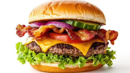 Close-up of a juicy burger with cheese, bacon, onion, cucumbers, tomatoes, and lettuce, isolated on white.の素材
