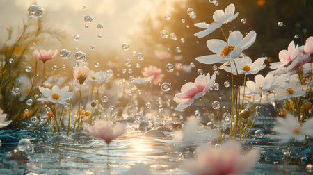 3D rendering of a spring flower landscape with delicate water bubbles floating above, creating an abstract and ethereal atmosphere.の素材