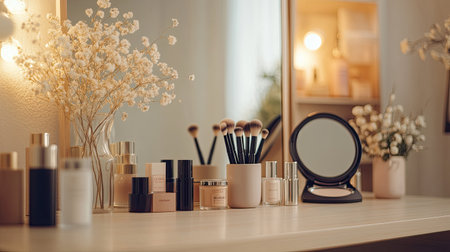 A chic makeup set laid out on a light dressing table, including skincare products, brushes, and a mirror, ready for a beauty routineの素材