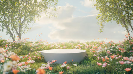 3D rendering of a simple beauty podium surrounded by a lush field of spring flowers, soft petals and green foliage creating a serene and natural backdrop.の素材