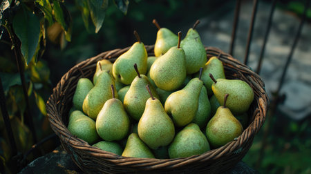 A basket of sweet green pears, freshly harvested in Depok, Indonesia - August 1st, 2024. The perfect representation of a fruitful harvest.の素材