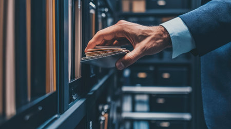 A businessmanaes hand organizing and searching for files in a cabinet, a common task in corporate office settingsの素材