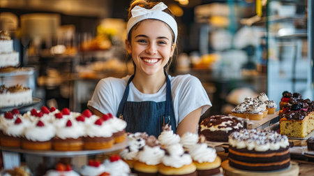 A cheerful young cake shop seller with a big smile stands behind the counter, surrounded by beautifully decorated cakes and pastries, ready to serve customersの素材