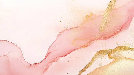 Abstract watercolor background with soft pink and gold tones, providing a luxurious and artistic setting for cosmetic product advertising. Ample space for branding.の素材