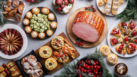 A Christmas dinner spread with glazed ham, roasted vegetables, mini quiches, and festive desserts like yule logs and cookies, all set on a grey backgroundの素材