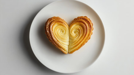 A close-up of a single golden palmier, also known as a butterfly cake, placed on a pristine white plate, isolated against a pure white background with subtle shadowsの素材
