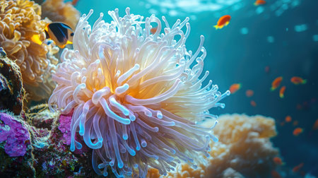 A colorful bubble anemone with bulbous, pearlescent tentacles anchored to a coral reef, with small reef fish swimming nearbyの素材
