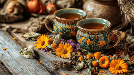 A close-up of herbal tea cups with calendula flowers, surrounded by dried Chernobrovtsi and other autumn elements, set against a vintage wooden backgroundの素材