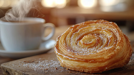 A close-up of a puff pastry palmier sprinkled with sugar, placed next to a steaming coffee cup, with a blurred background of a cozy, rustic cafacsettingの素材