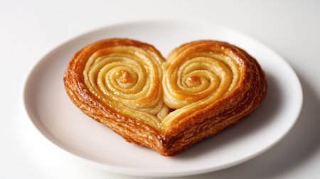 A close-up of a single golden palmier, also known as a butterfly cake, placed on a pristine white plate, isolated against a pure white background with subtle shadowsの素材