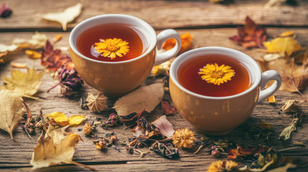 A close-up of herbal tea cups with calendula flowers, surrounded by dried autumn florals and leaves, on a wooden background, emphasizing the health-boosting properties of natural teasの素材