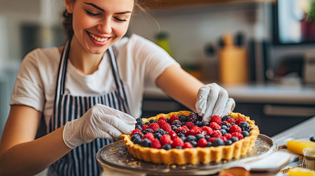 A happy young housewife decorating a freshly baked tart with vibrant berries, her hands in cooking gloves as she enjoys the art of homemade baking in her kitchenの素材